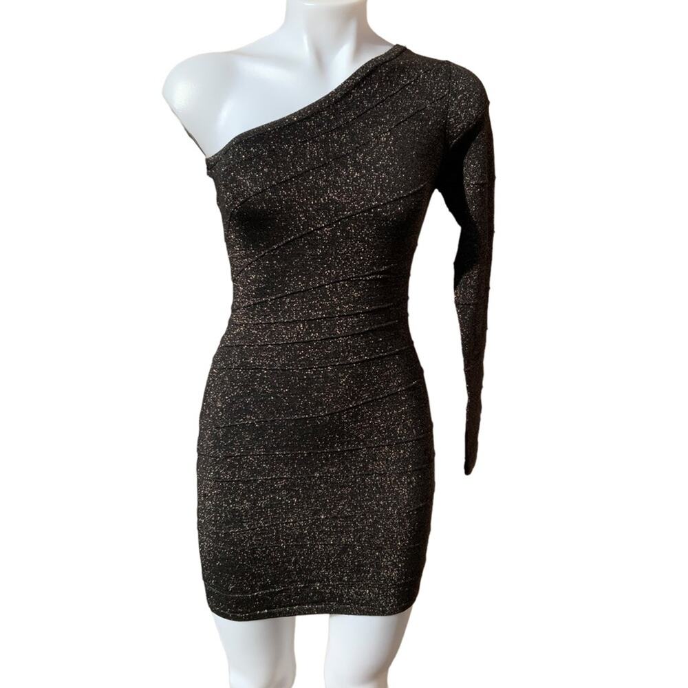 Forever 21 Gold & Black Metallic Bodycon one shoulder dress size medium